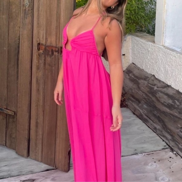 NWT Zara Hot Pink Chiffon Open Back Flowy Maxi Dress - Picture 2 of 10